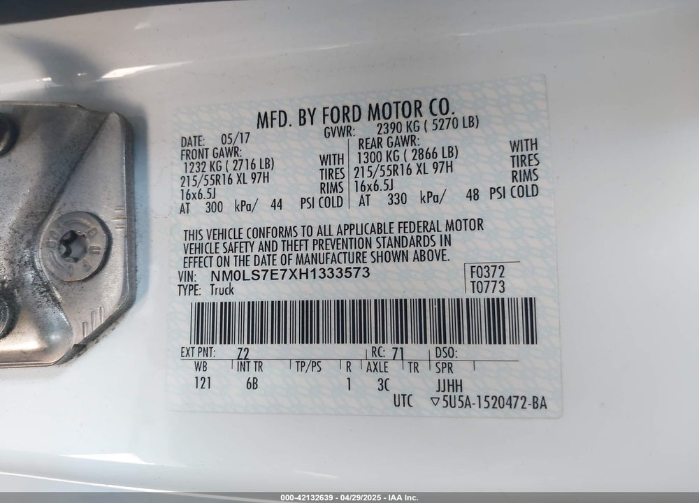 2017 FORD TRANSIT CONNECT XL VIN: NM0LS7E7XH1333573