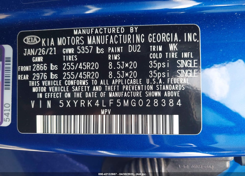 2021 KIA SORENTO VIN: 5XYRK4LF5MG028384