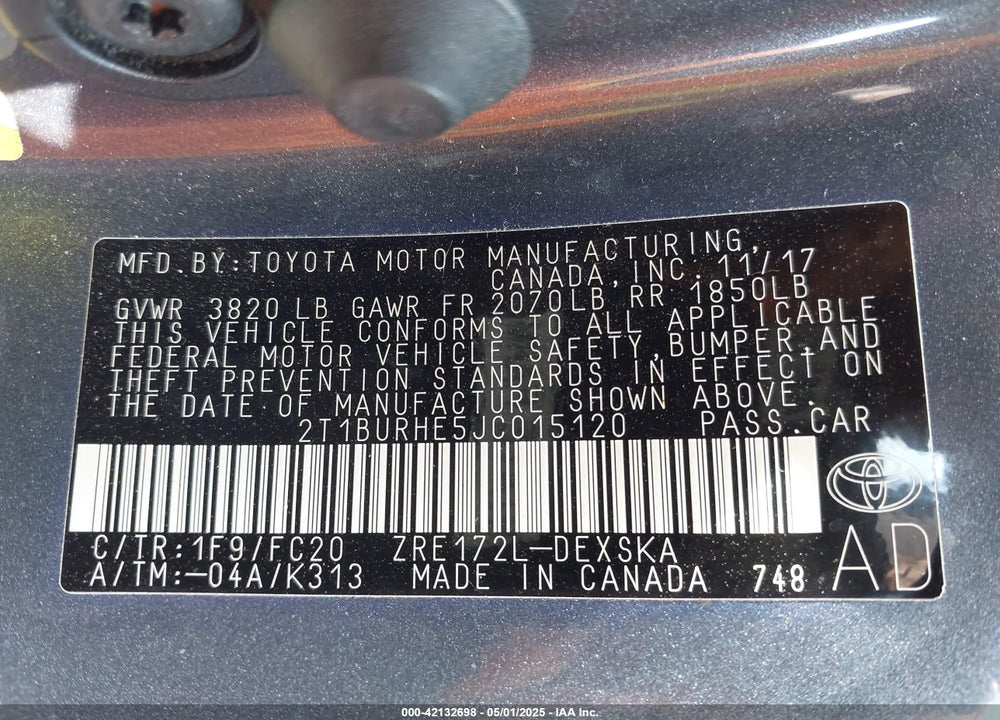 2018 TOYOTA COROLLA SE VIN: 2T1BURHE5JC015120