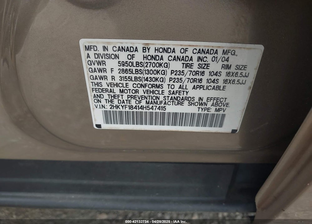 2004 HONDA PILOT EX VIN: 2HKYF18414H547415