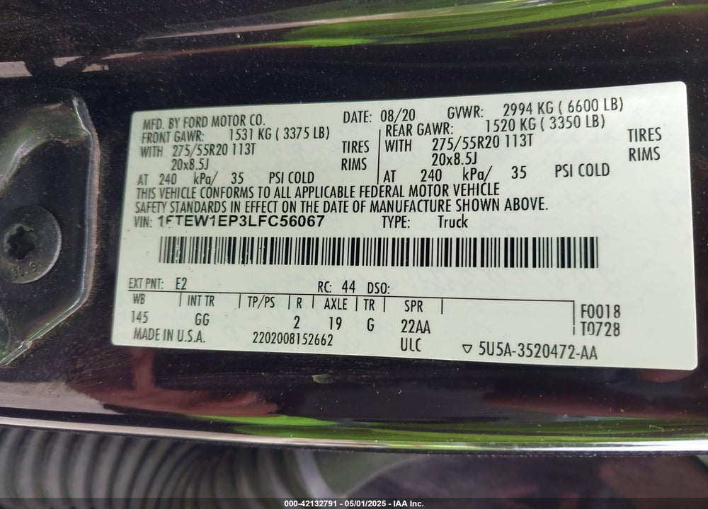 2020 FORD F-150 XL VIN: 1FTEW1EP3LFC56067