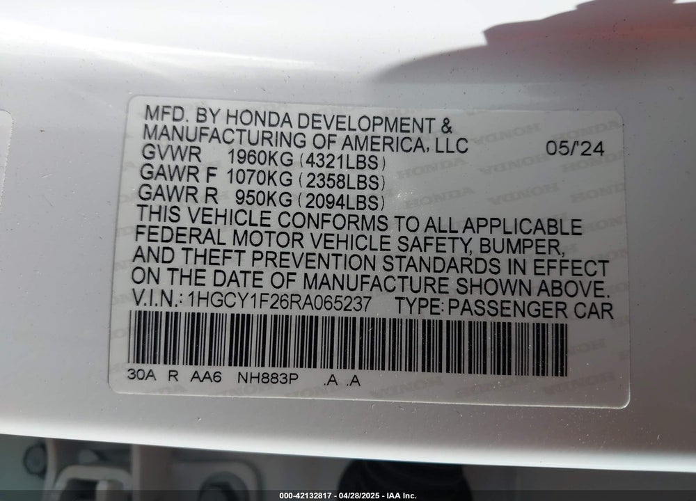 2024 HONDA ACCORD VIN: 1HGCY1F26RA065237