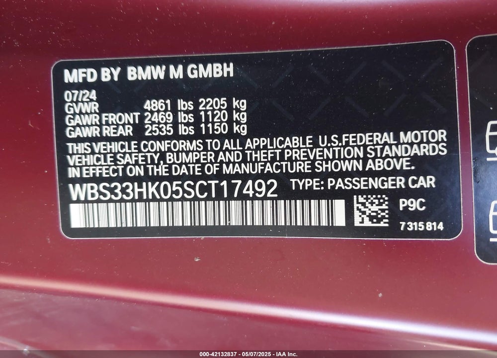 2025 BMW M4 COMPETITION XDRIVE VIN: WBS33HK05SCT17492