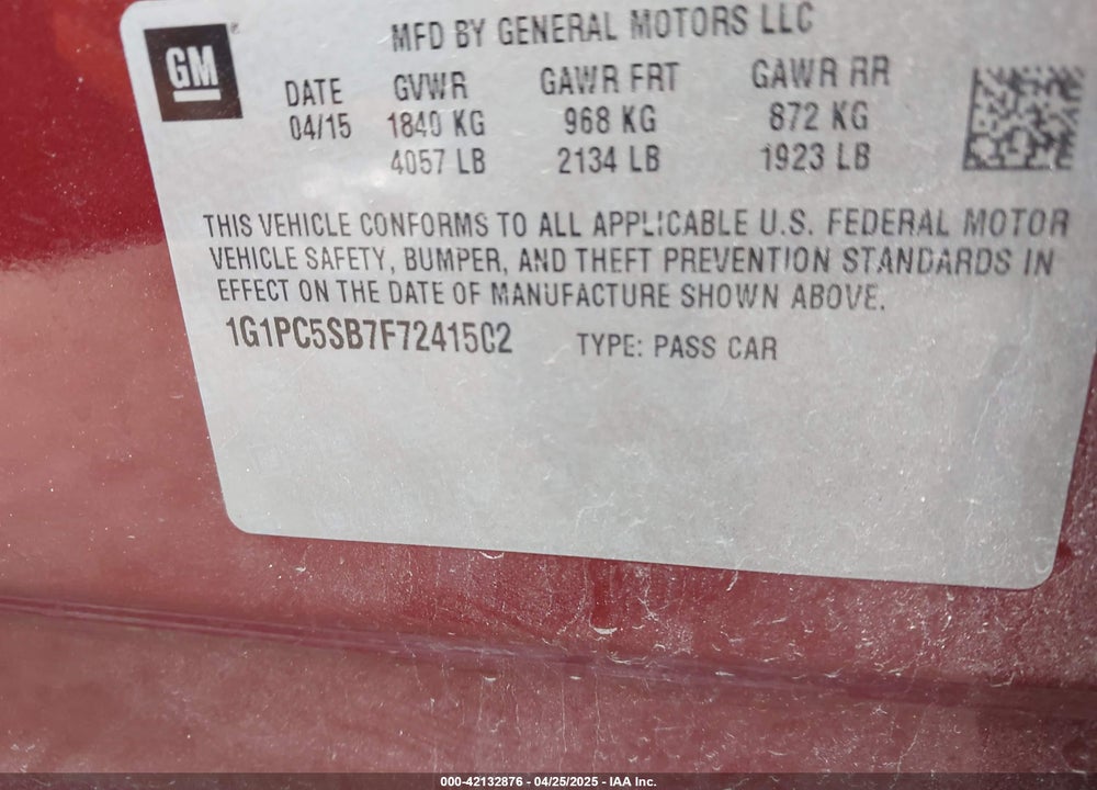 2015 CHEVROLET CRUZE VIN: 1G1PC5SB7F7241502