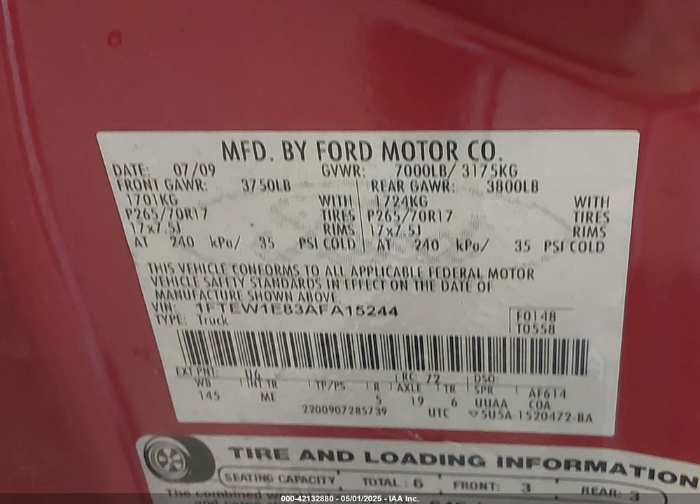 2010 FORD F-150 VIN: 1FTEW1E83AFA15244