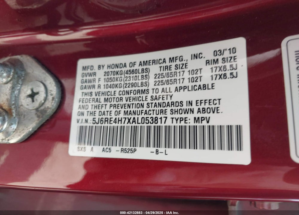 2010 HONDA CR-V EX-L VIN: 5J6RE4H7XAL053817