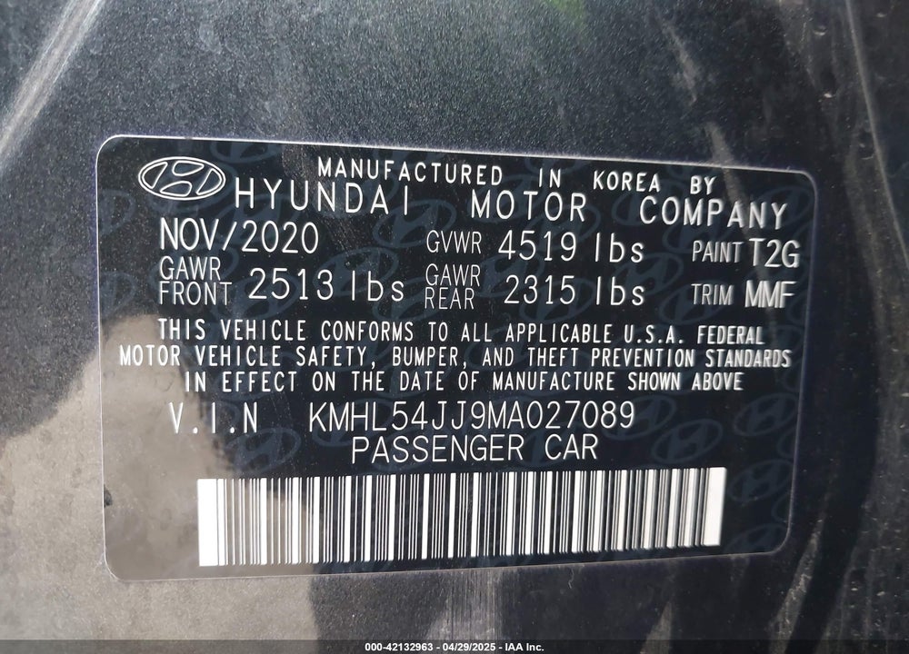 2021 HYUNDAI SONATA VIN: KMHL54JJ9MA027089