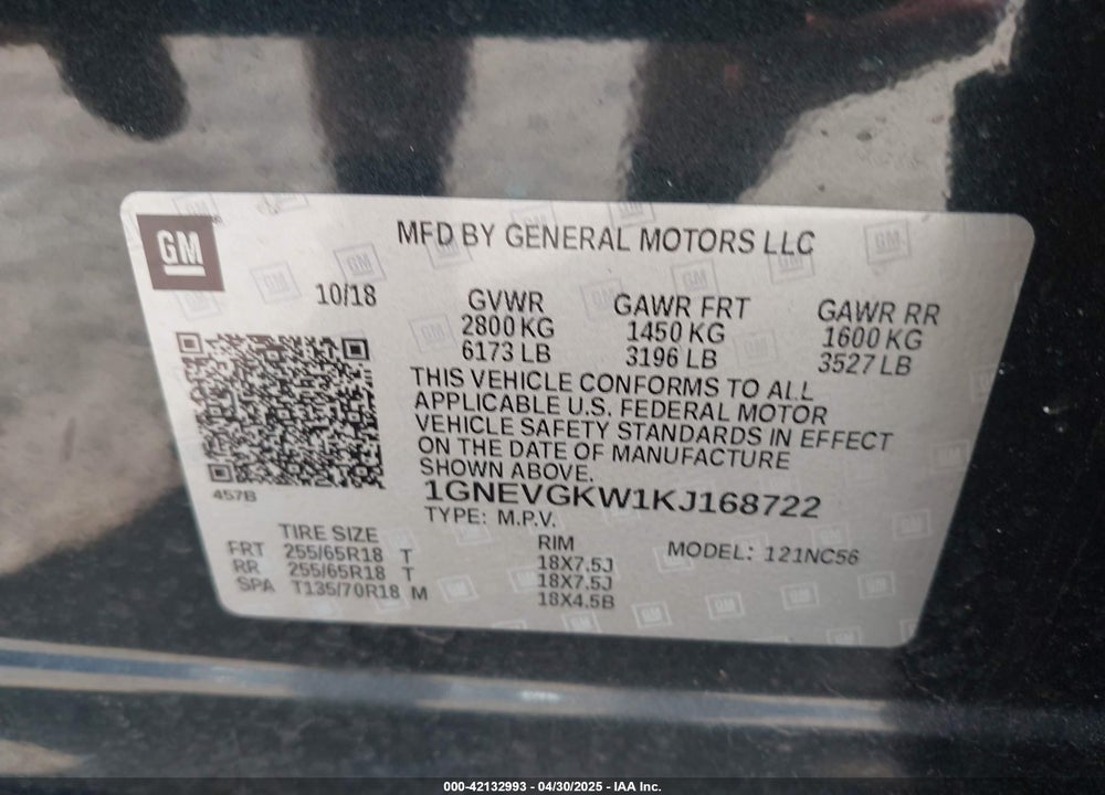 2019 CHEVROLET TRAVERSE 1LT VIN: 1GNEVGKW1KJ168722