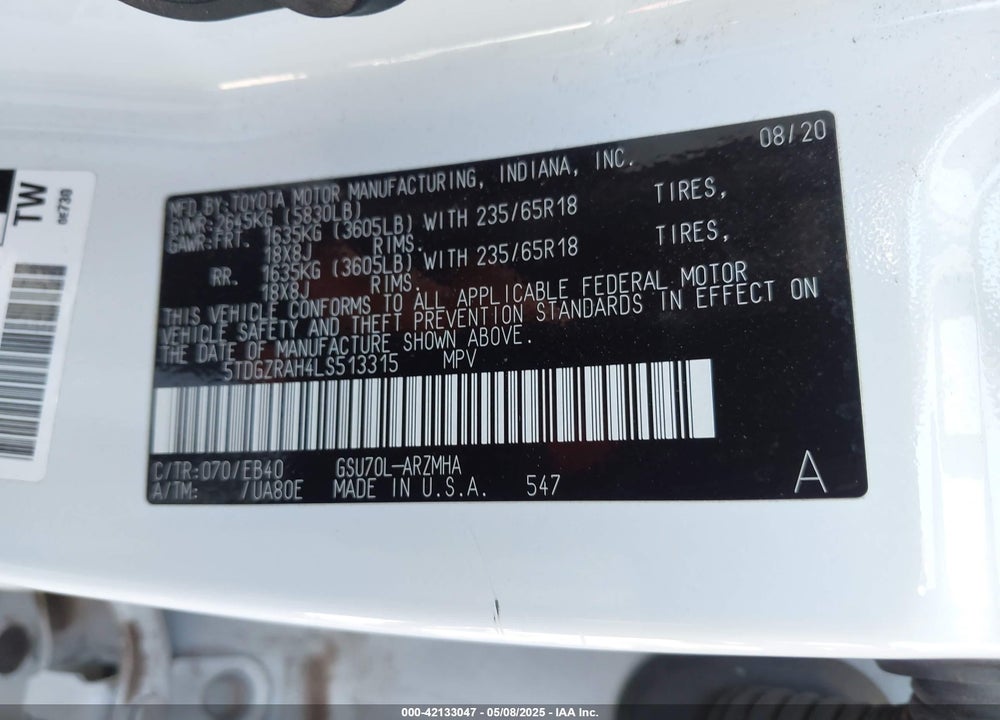 2020 TOYOTA HIGHLANDER XLE VIN: 5TDGZRAH4LS513315
