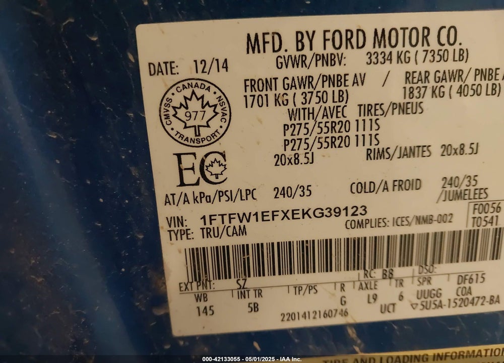 2014 FORD F-150 FX4 VIN: 1FTFW1EFXEKG39123