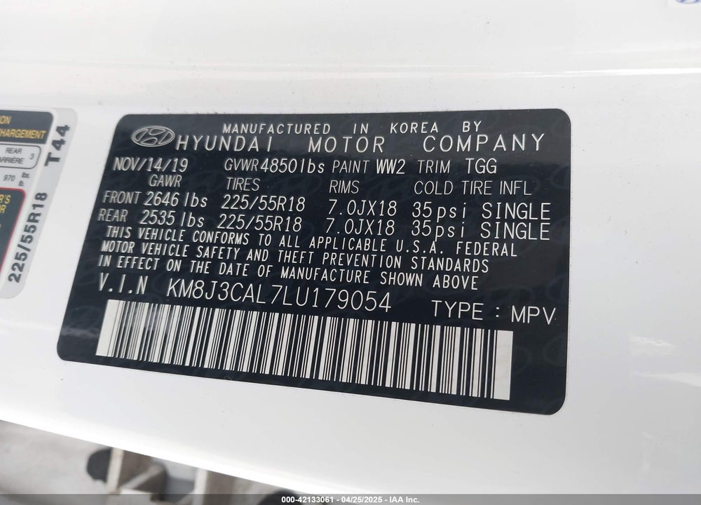 2020 HYUNDAI TUCSON VIN: KM8J3CAL7LU179054