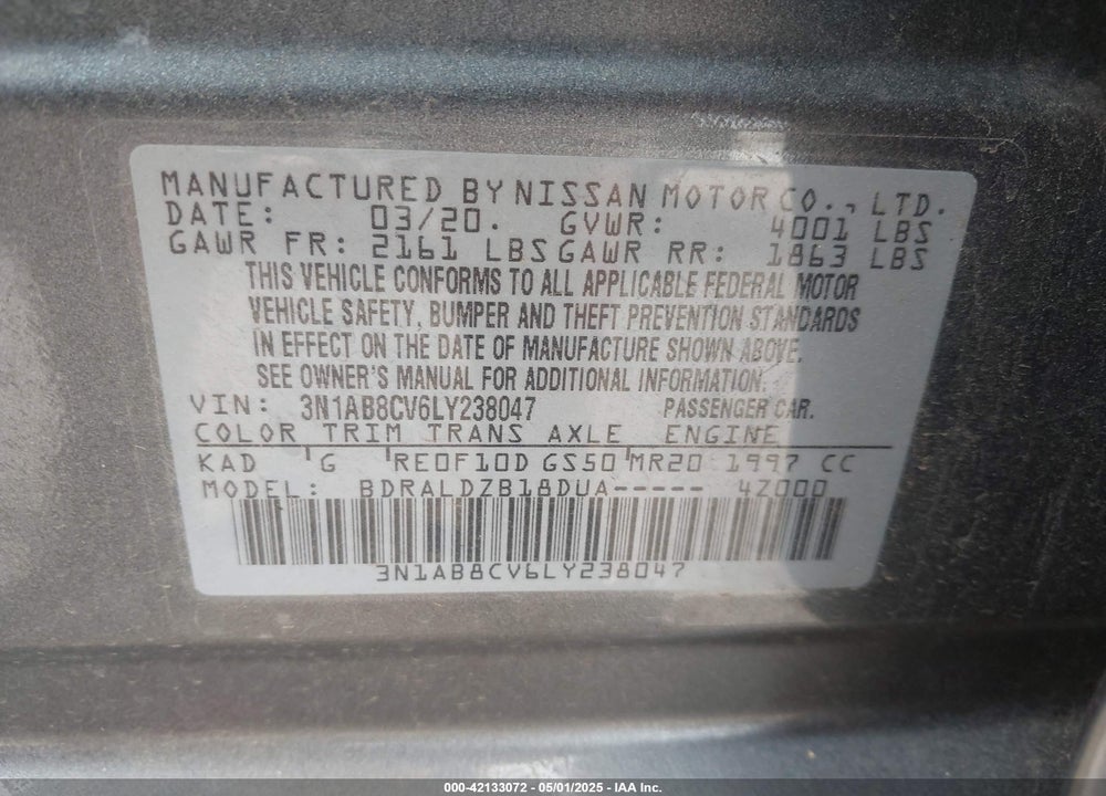 2020 NISSAN SENTRA SV XTRONIC CVT VIN: 3N1AB8CV6LY238047