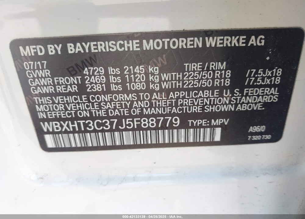 2018 BMW X1 VIN: WBXHT3C37J5F88779