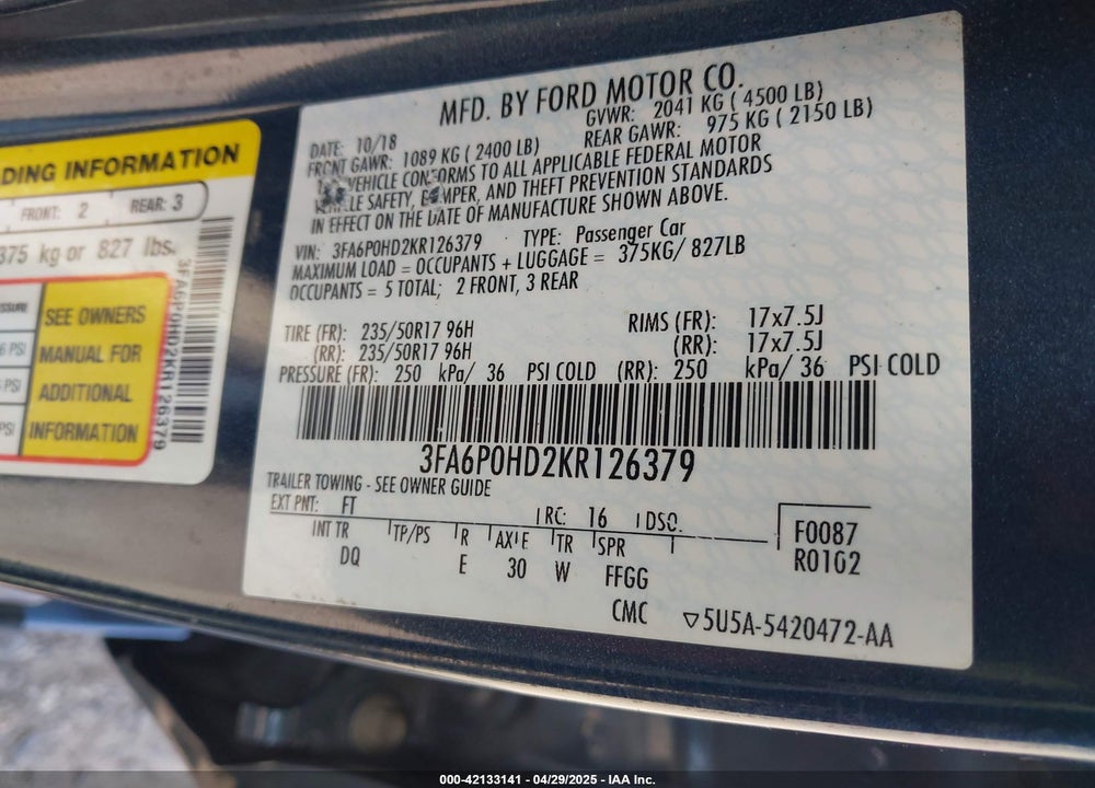 2019 FORD FUSION VIN: 3FA6P0HD2KR126379