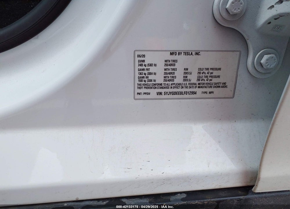 2020 TESLA MODEL Y VIN: 5YJYGDEE8LF012994