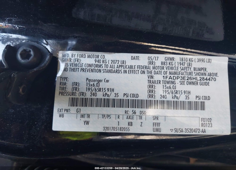 2017 FORD FOCUS VIN: 1FADP3E26HL284470