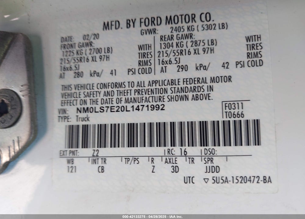 2020 FORD TRANSIT CONNECT VIN: NM0LS7E20L1471992