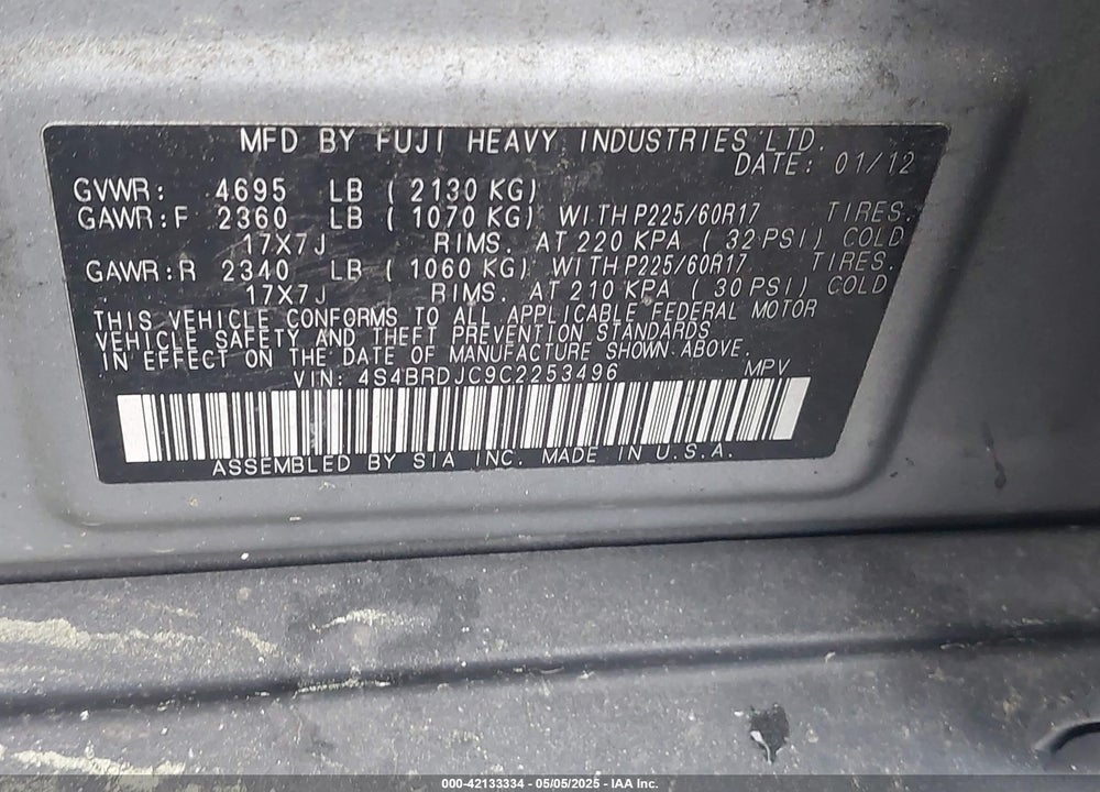 2012 SUBARU OUTBACK VIN: 4S4BRDJC9C2253496