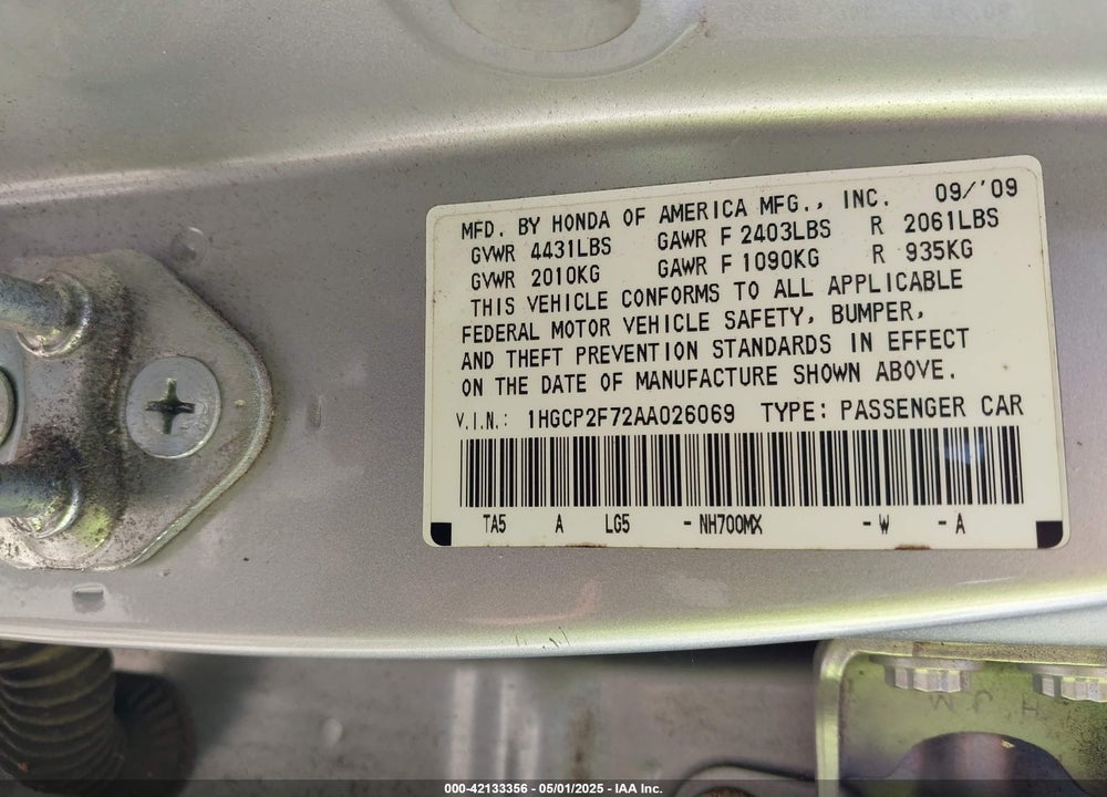 2010 HONDA ACCORD VIN: 1HGCP2F72AA026069