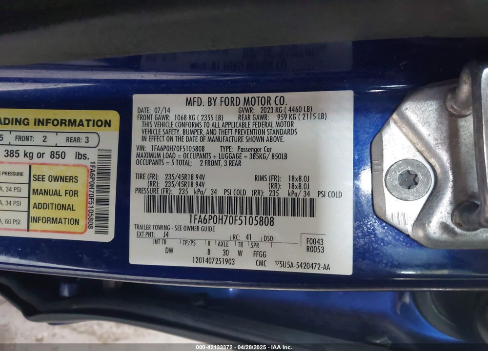 2015 FORD FUSION VIN: 1FA6P0H70F5105808