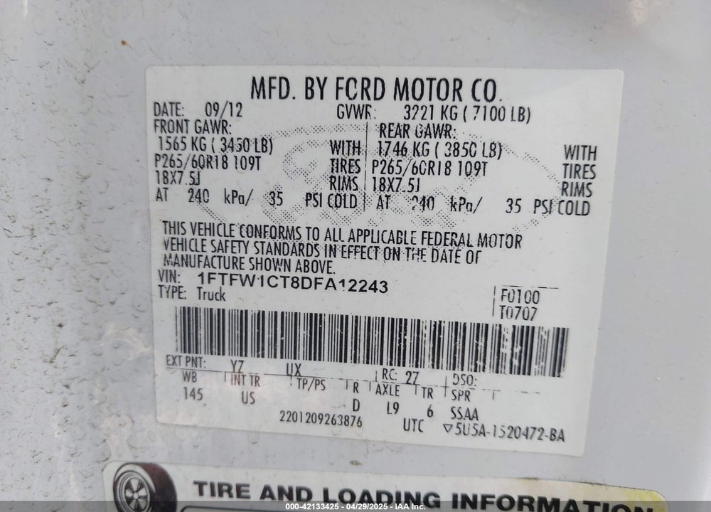 2013 FORD F-150 XLT VIN: 1FTFW1CT8DFA12243