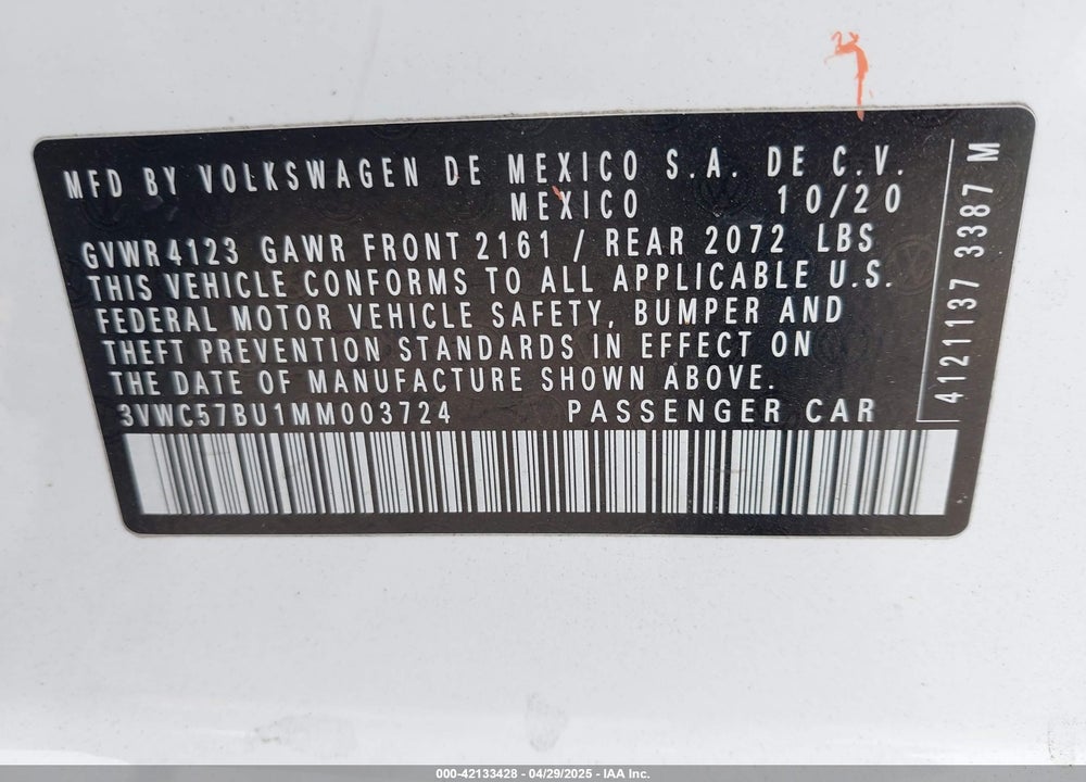 2021 VOLKSWAGEN JETTA VIN: 3VWC57BU1MM003724