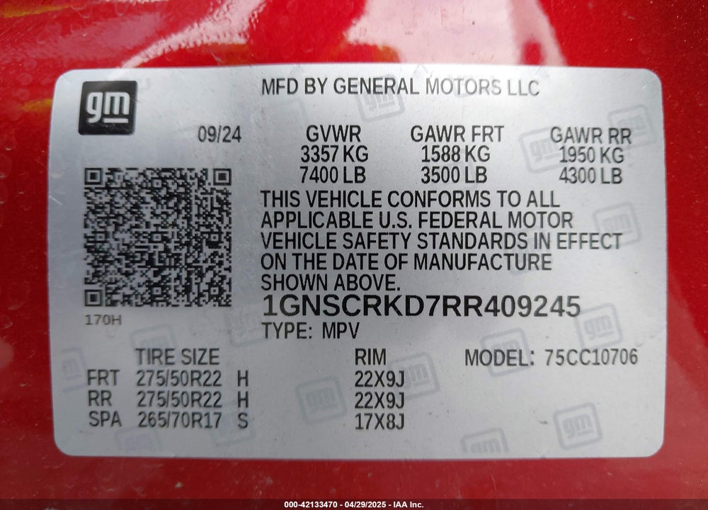2024 CHEVROLET TAHOE VIN: 1GNSCRKD7RR409245