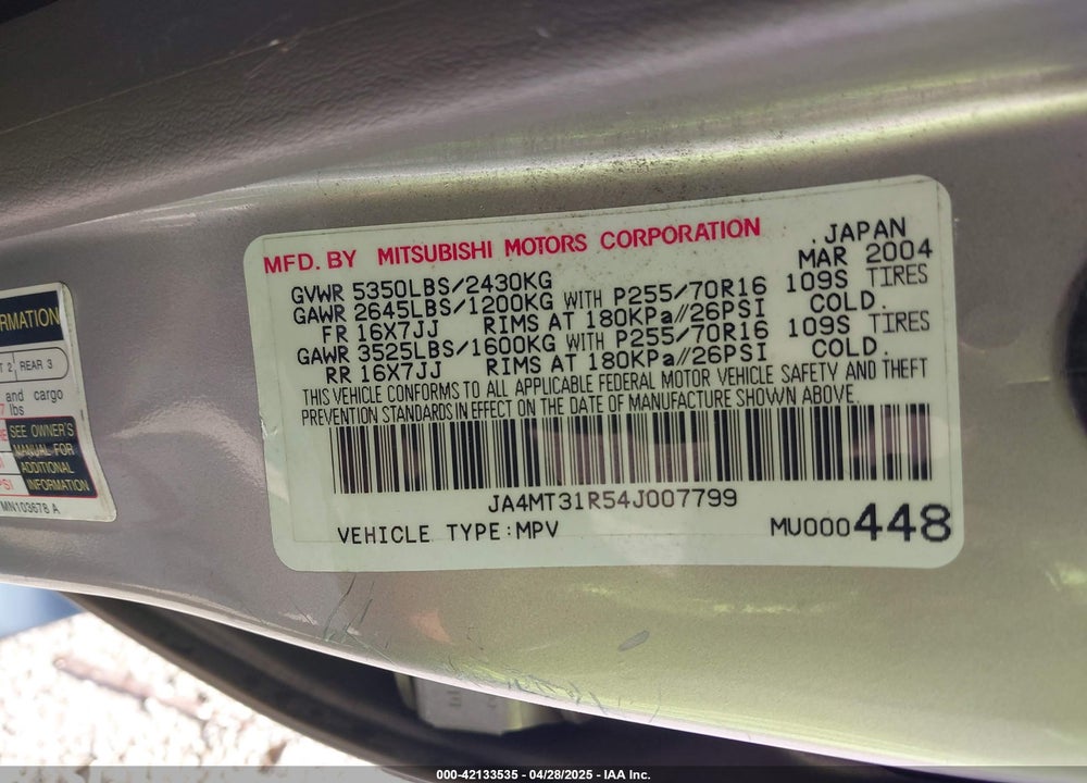 2004 MITSUBISHI MONTERO SPORT XLS VIN: JA4MT31R54J007799