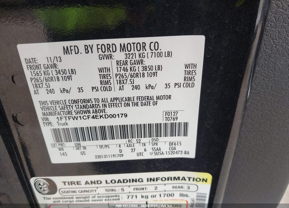 2014 FORD F150 VIN: 1FTFW1CF4EKD00179