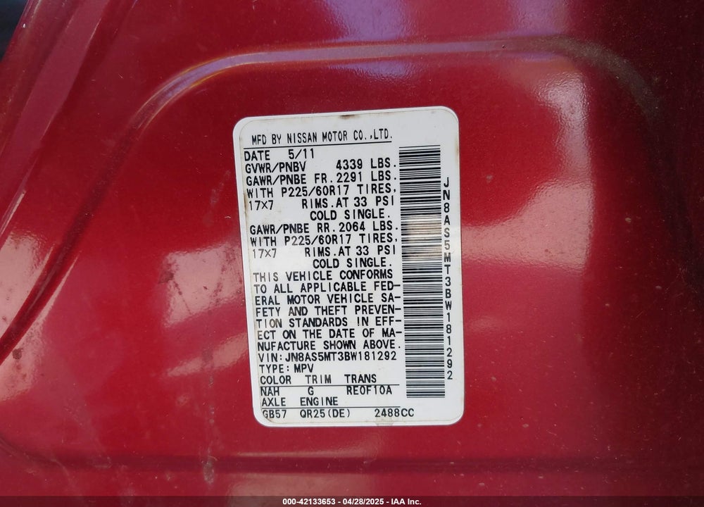 2011 NISSAN ROGUE VIN: JN8AS5MT3BW181292