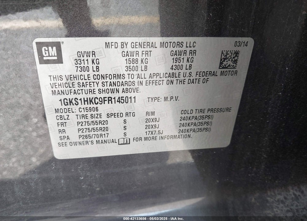 2015 GMC YUKON XL 1500 SLT VIN: 1GKS1HKC9FR145011