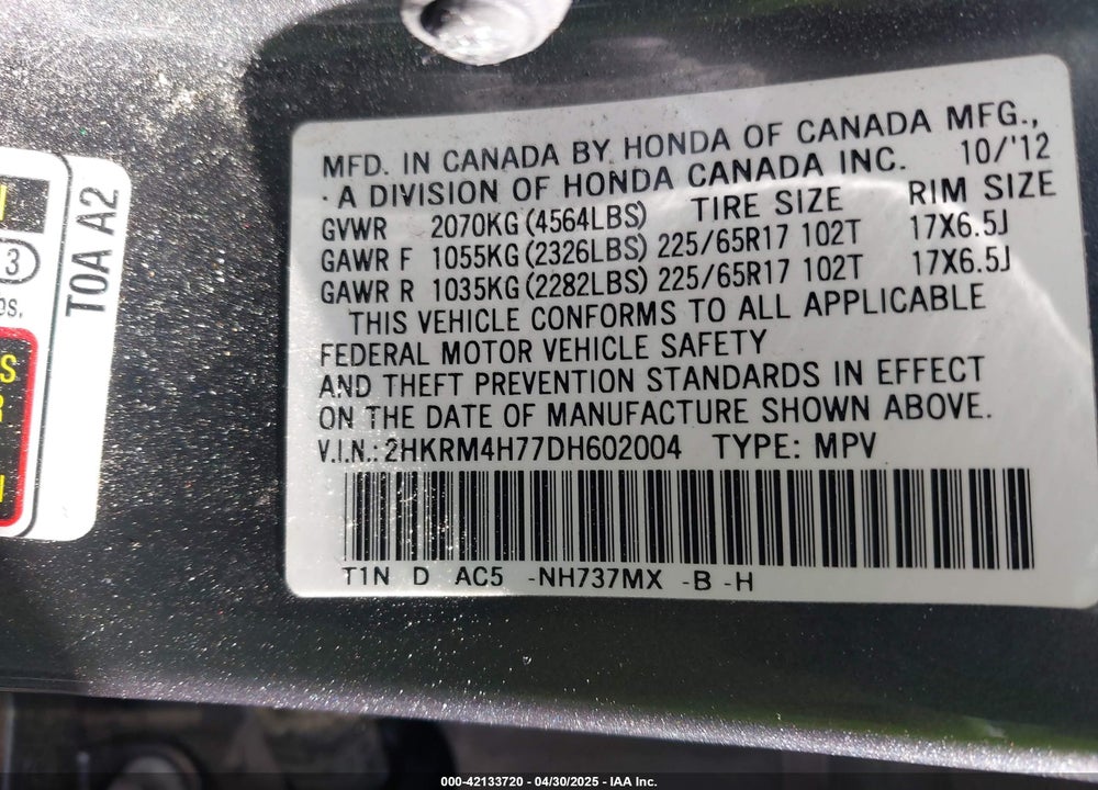 2013 HONDA CR-V VIN: 2HKRM4H77DH602004