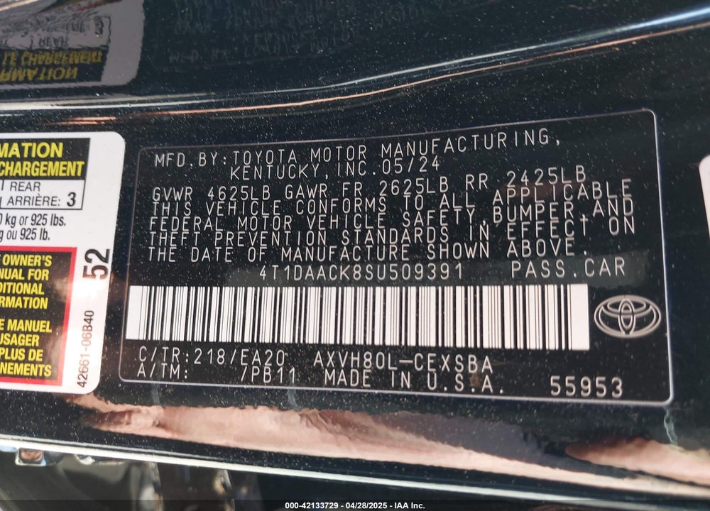 2025 TOYOTA CAMRY VIN: 4T1DAACK8SU509391