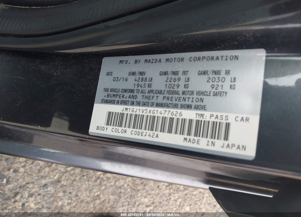 2016 MAZDA 6 VIN: JM1GJ1V5XG1477626