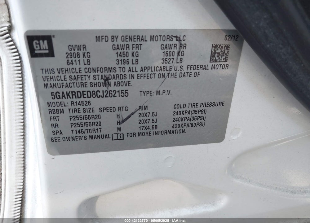 2012 BUICK ENCLAVE VIN: 5GAKRDED8CJ262155