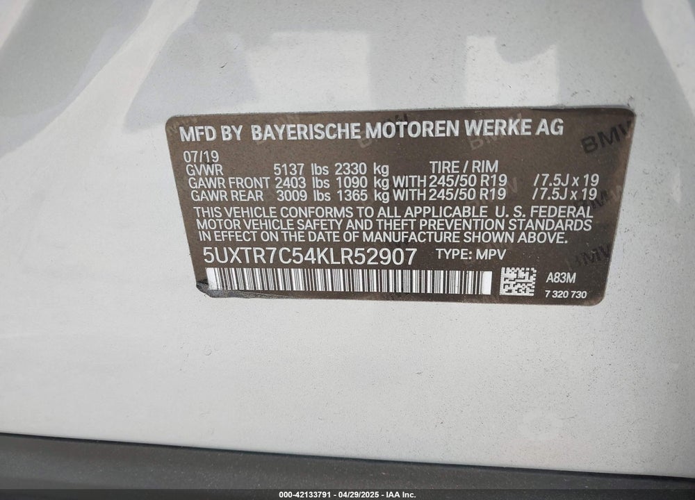 2019 BMW X3 VIN: 5UXTR7C54KLR52907
