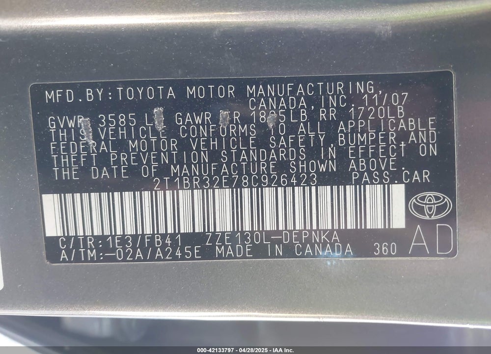 2008 TOYOTA COROLLA LE VIN: 2T1BR32E78C926423