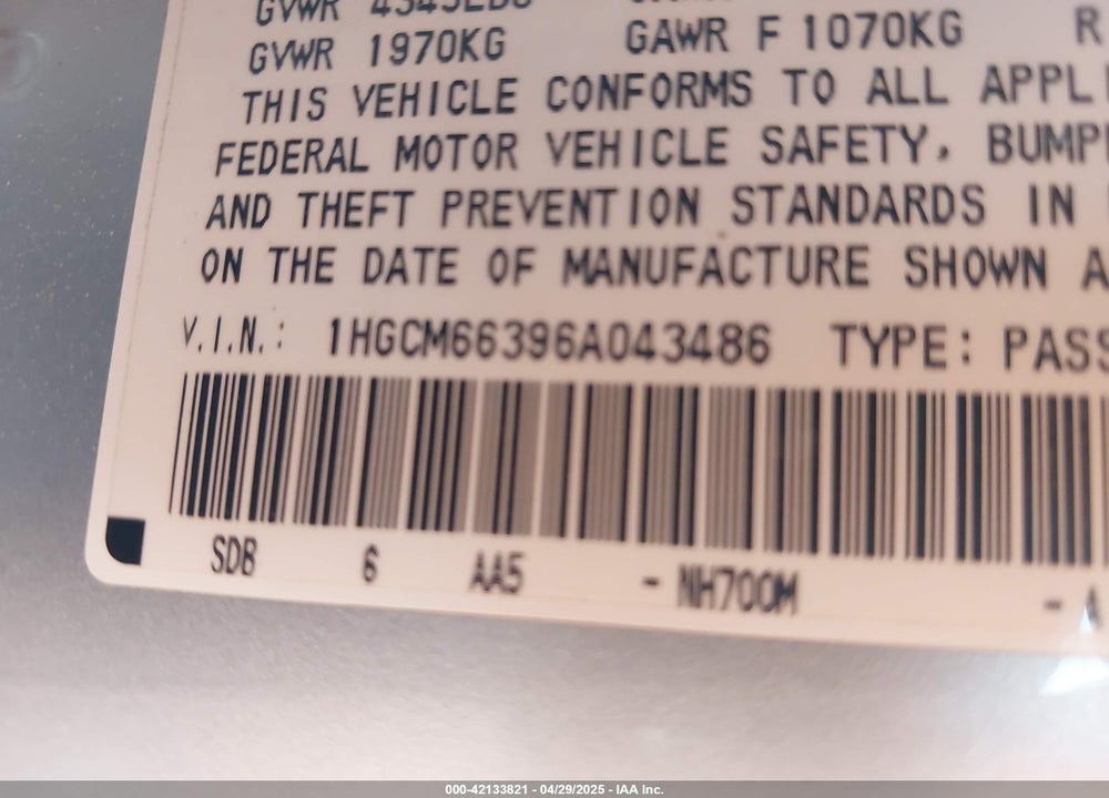 2006 HONDA ACCORD 3.0 LX VIN: 1HGCM66396A043486