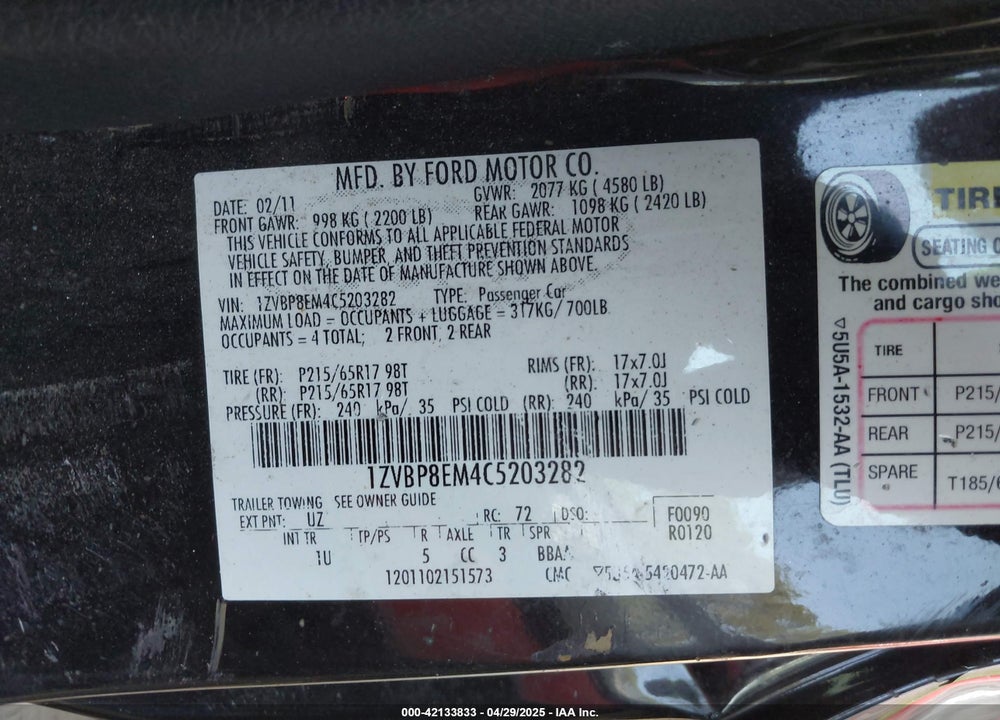 2012 FORD MUSTANG VIN: 1ZVBP8EM4C5203282