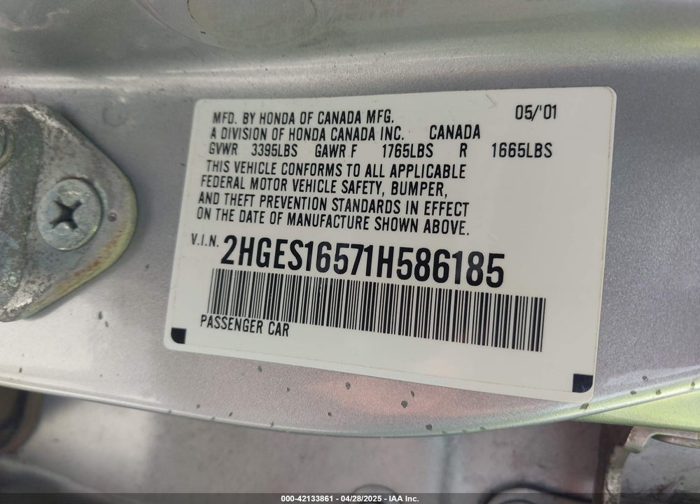 2001 HONDA CIVIC VIN: 2HGES16571H586185