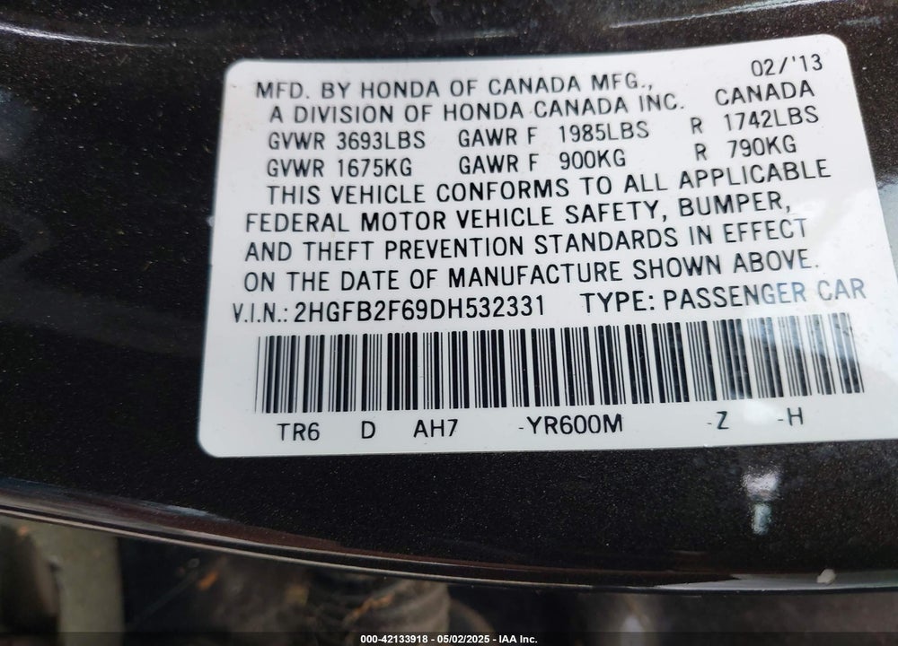 2013 HONDA CIVIC VIN: 2HGFB2F69DH532331