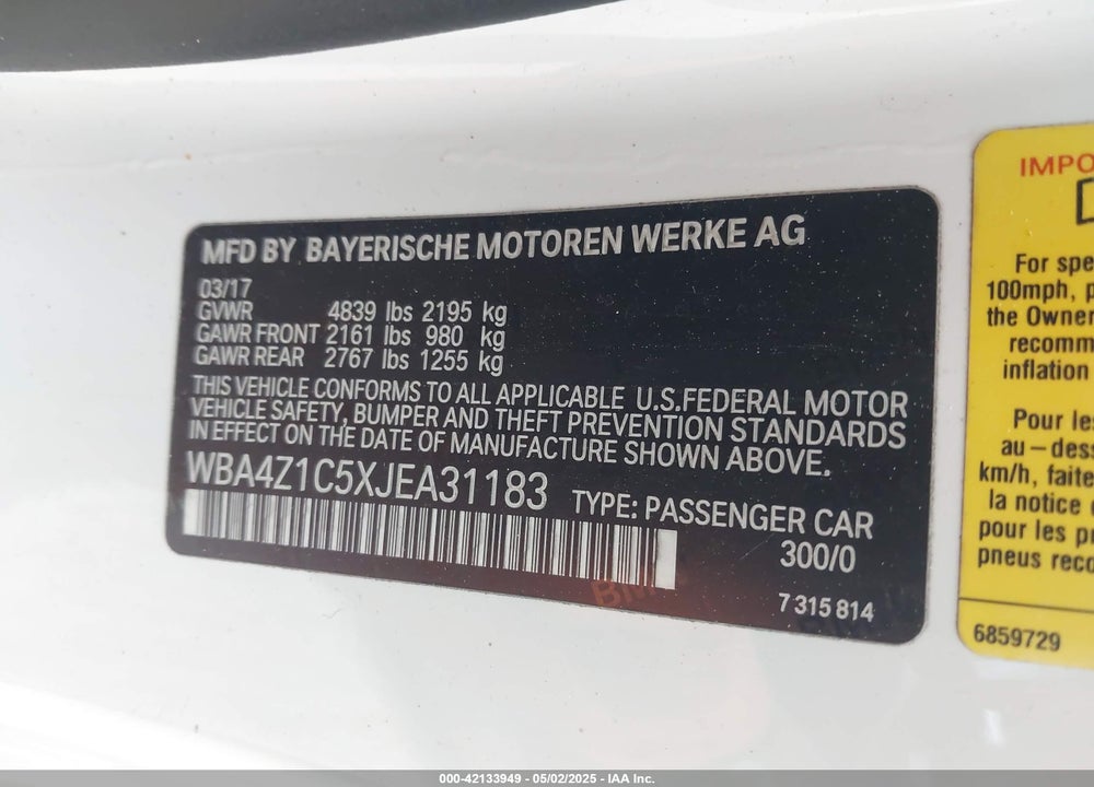 2018 BMW 4 SERIES VIN: WBA4Z1C5XJEA31183