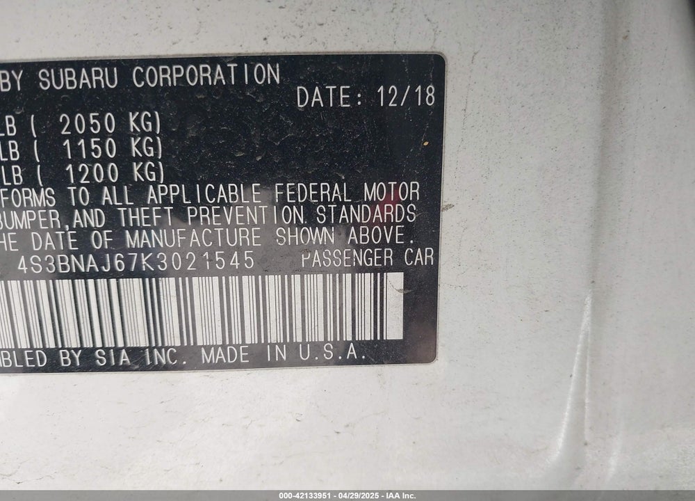 2019 SUBARU LEGACY 2.5I LIMITED VIN: 4S3BNAJ67K3021545