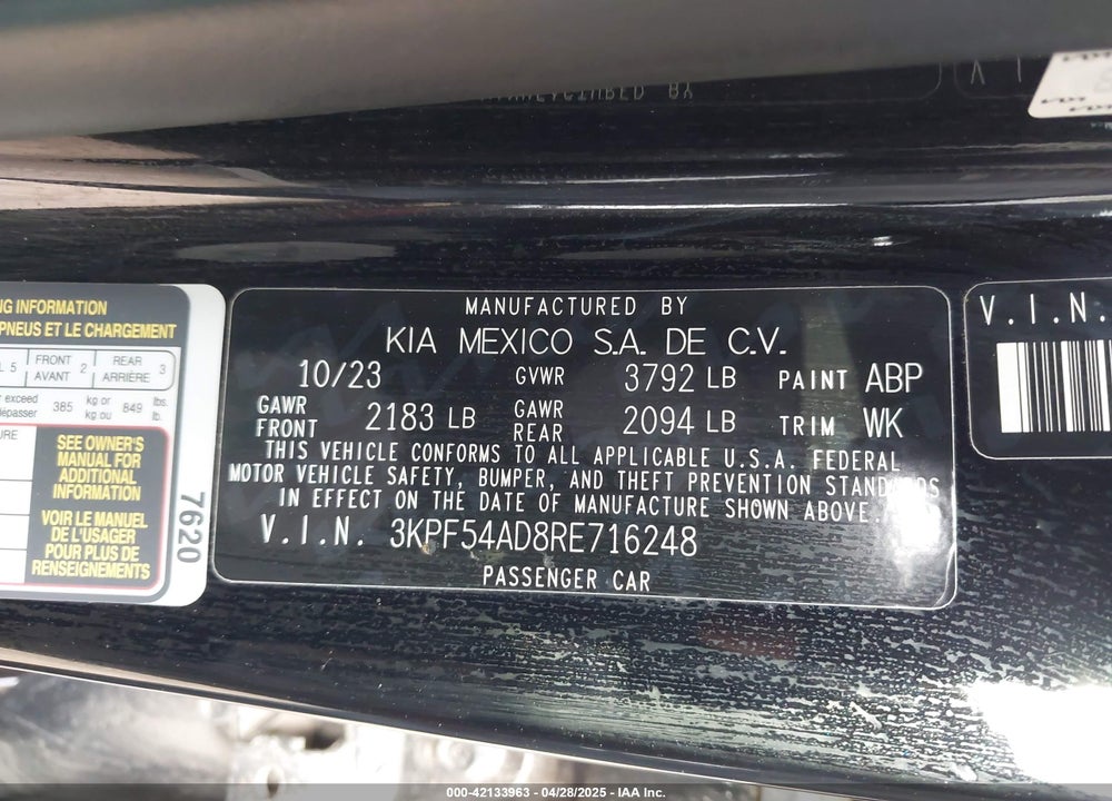 2024 KIA FORTE GT LINE VIN: 3KPF54AD8RE716248