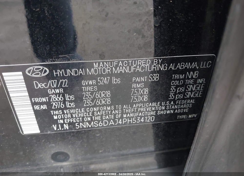 2023 HYUNDAI SANTA FE XRT VIN: 5NMS6DAJ4PH534120