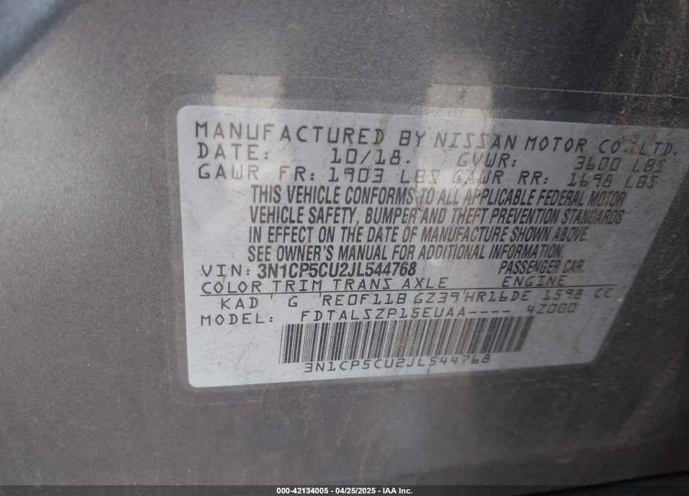 2018 NISSAN KICKS SV VIN: 3N1CP5CU2JL544768