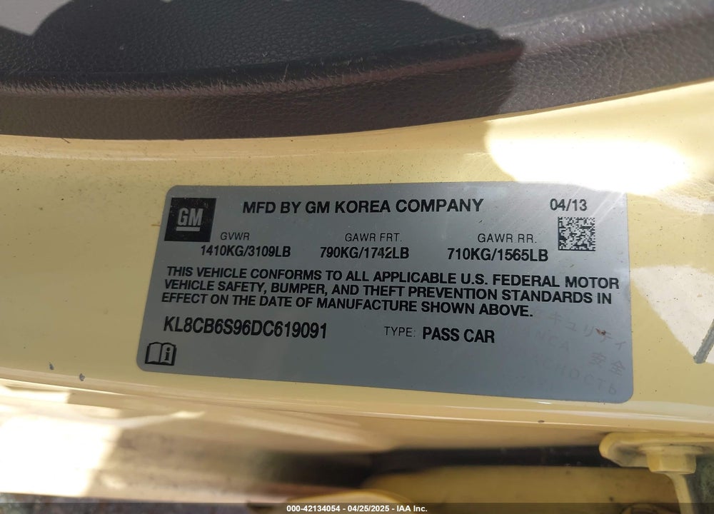 2013 CHEVROLET SPARK LS AUTO VIN: KL8CB6S96DC619091