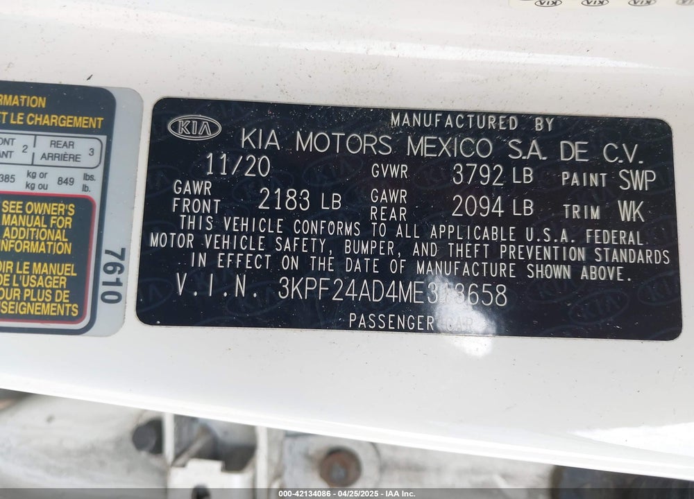 2021 KIA FORTE VIN: 3KPF24AD4ME313658