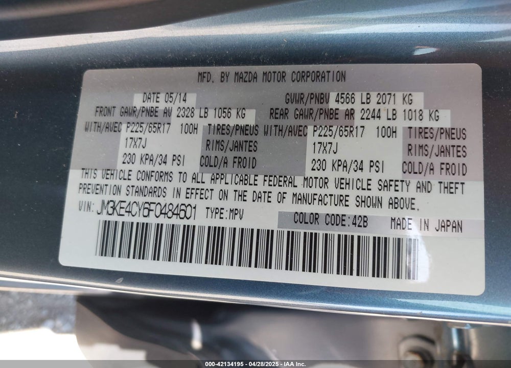 2015 MAZDA CX-5 TOURING VIN: JM3KE4CY6F0484601