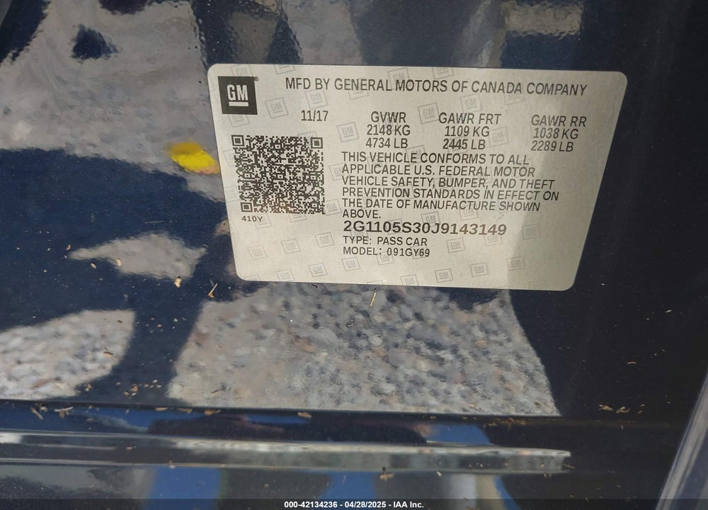 2018 CHEVROLET IMPALA VIN: 2G1105S30J9143149